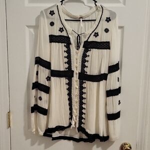 Free People Black and White Embellished Blouse
